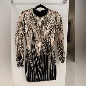 Marciano Tiffany Black and Gold Sequin Long Sleeve Dress